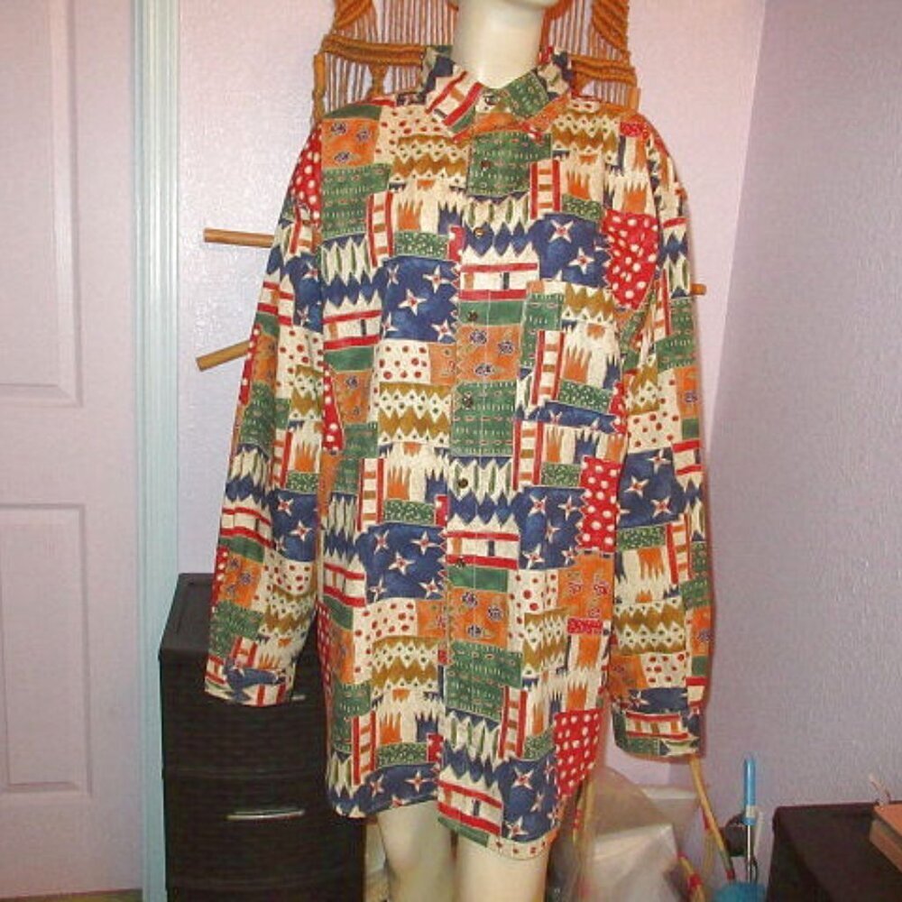Vtg The Territory Ahead Patchwork Shirt Mens Size XXL Button Long Sleeves Artsy